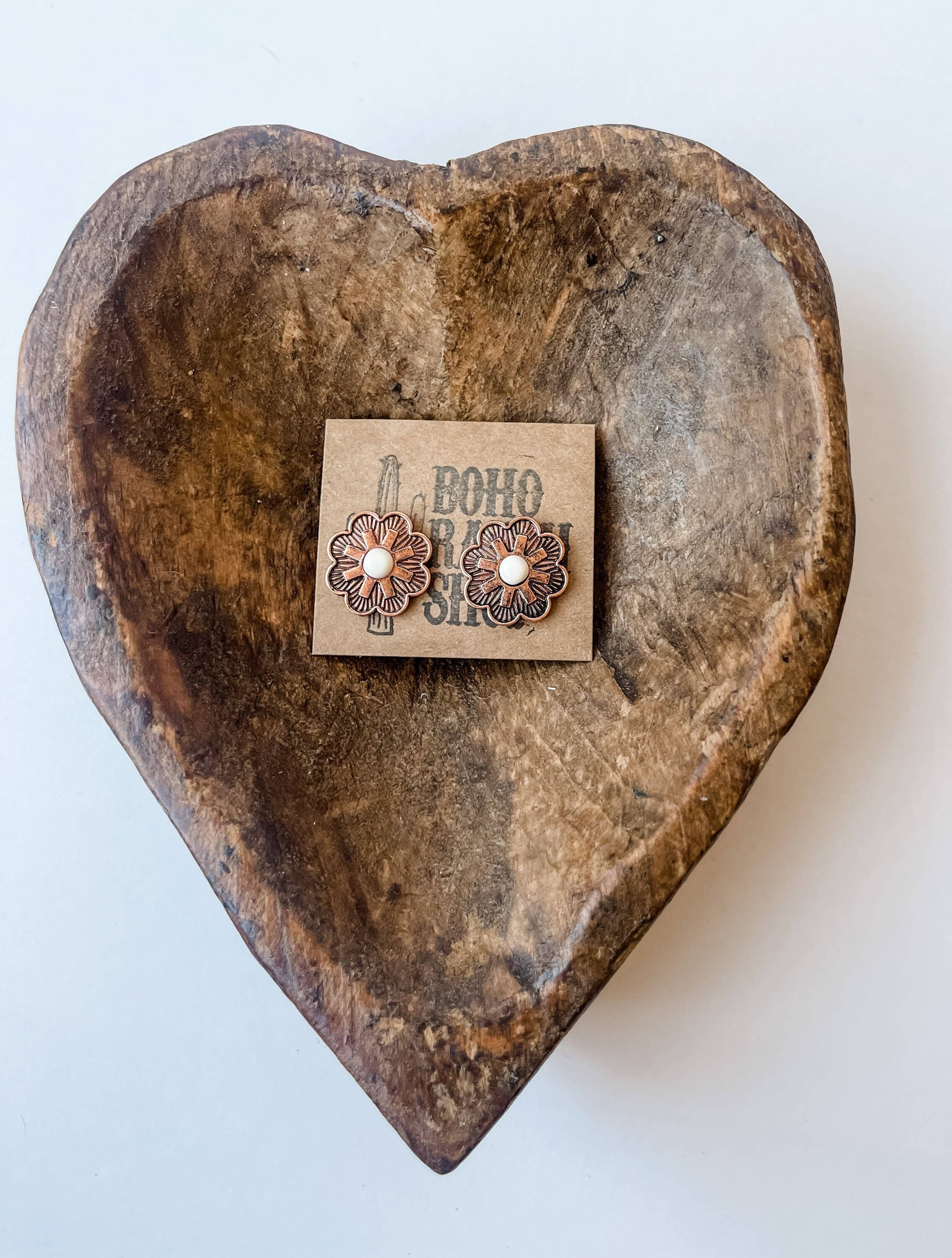 Copper Concho Stone Stud Earrings